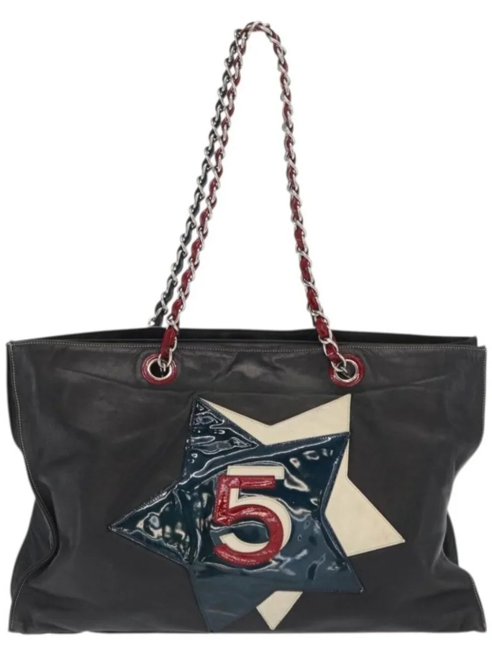 CHANEL Chain Tote Bag Leather Black Silver CC Auth 171101